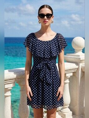 Navy Polka Dot Tie-Waist Dress
